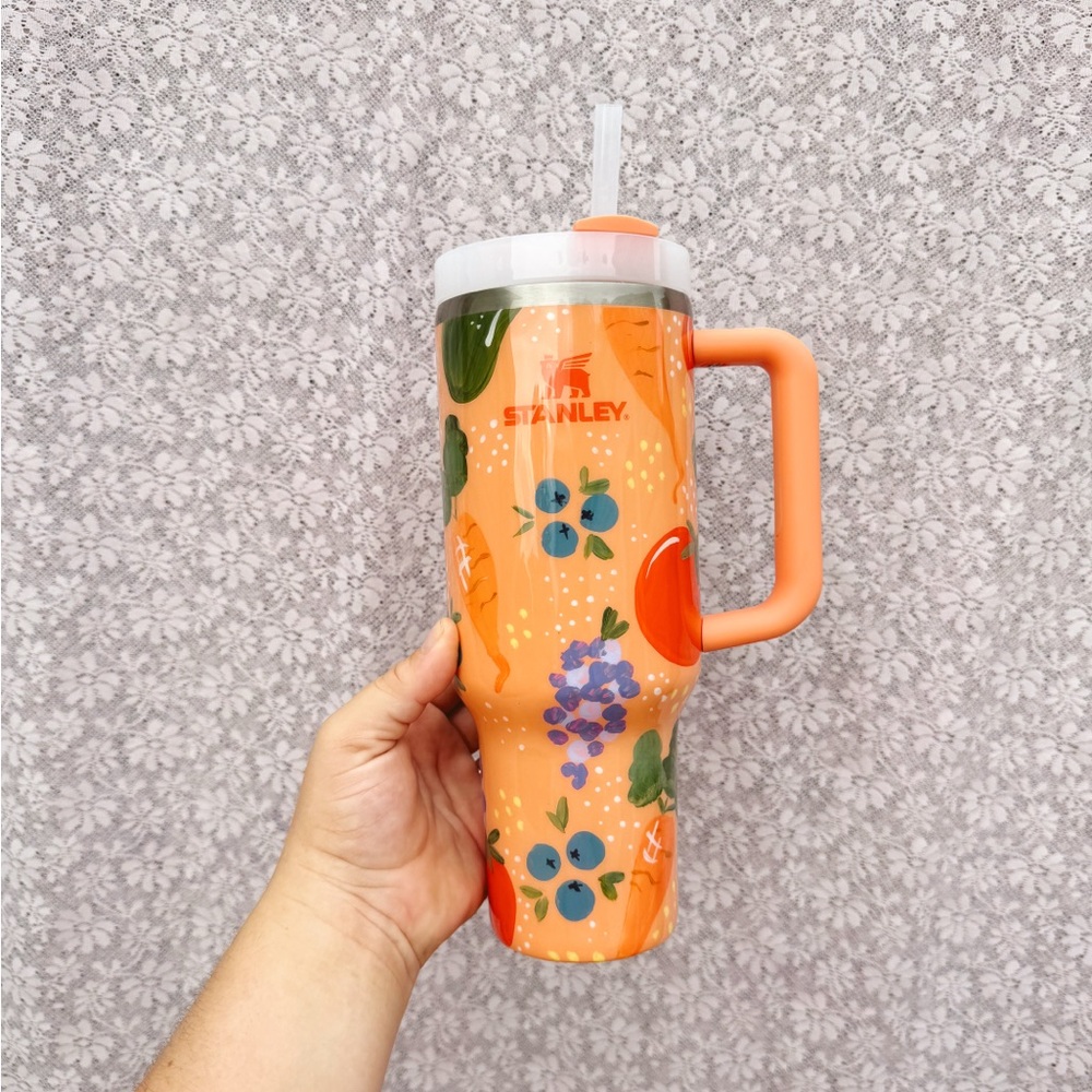 Hand-Painted Stanley Vibrant Orange Floral Tumbler Farmer’s Market